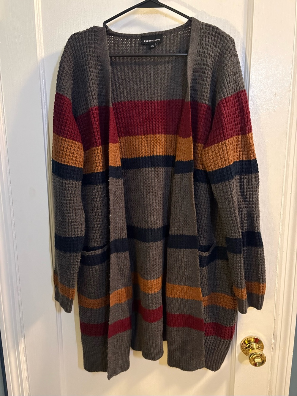 Fortune+Ivy Gray Striped Open Cardigan Sweater